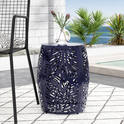 Modern Design Metal End Table with Palm Leaf Cut-Out - White, Black, Blue