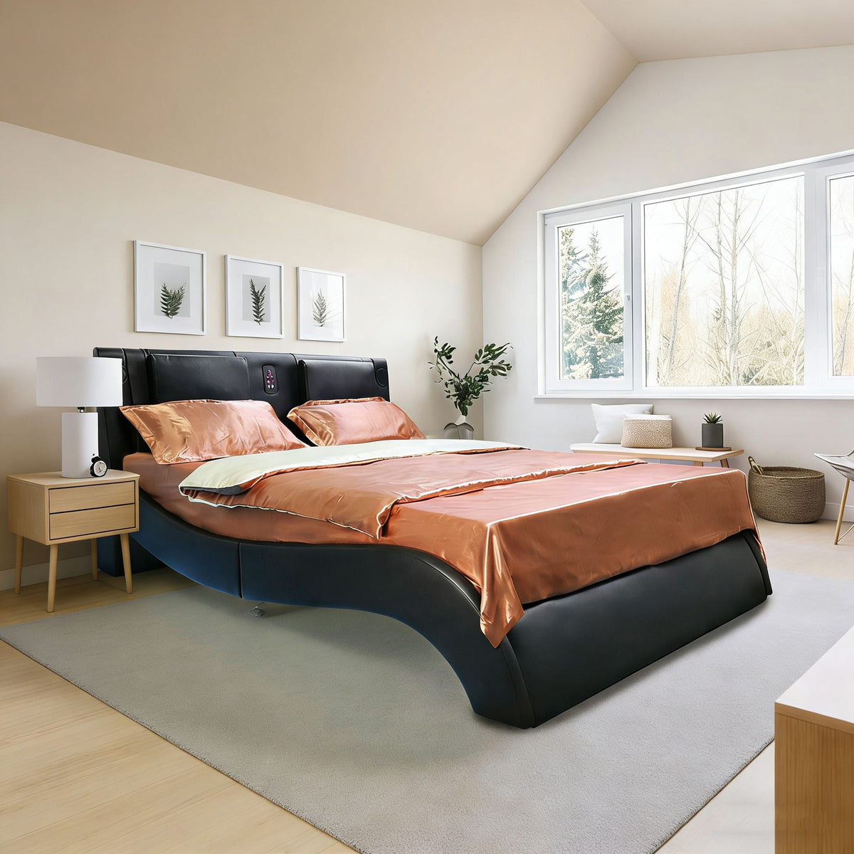 Platform Bed Frame with LED Lighting, Bluetooth & Massage - Faux Leather