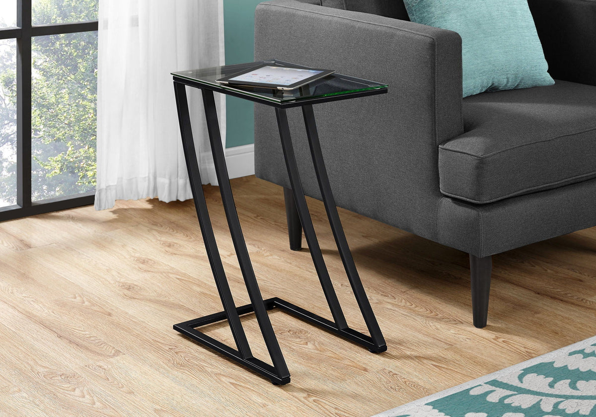 C-Shaped Accent Table with Glass Top and Metal Frame - Black or Gray