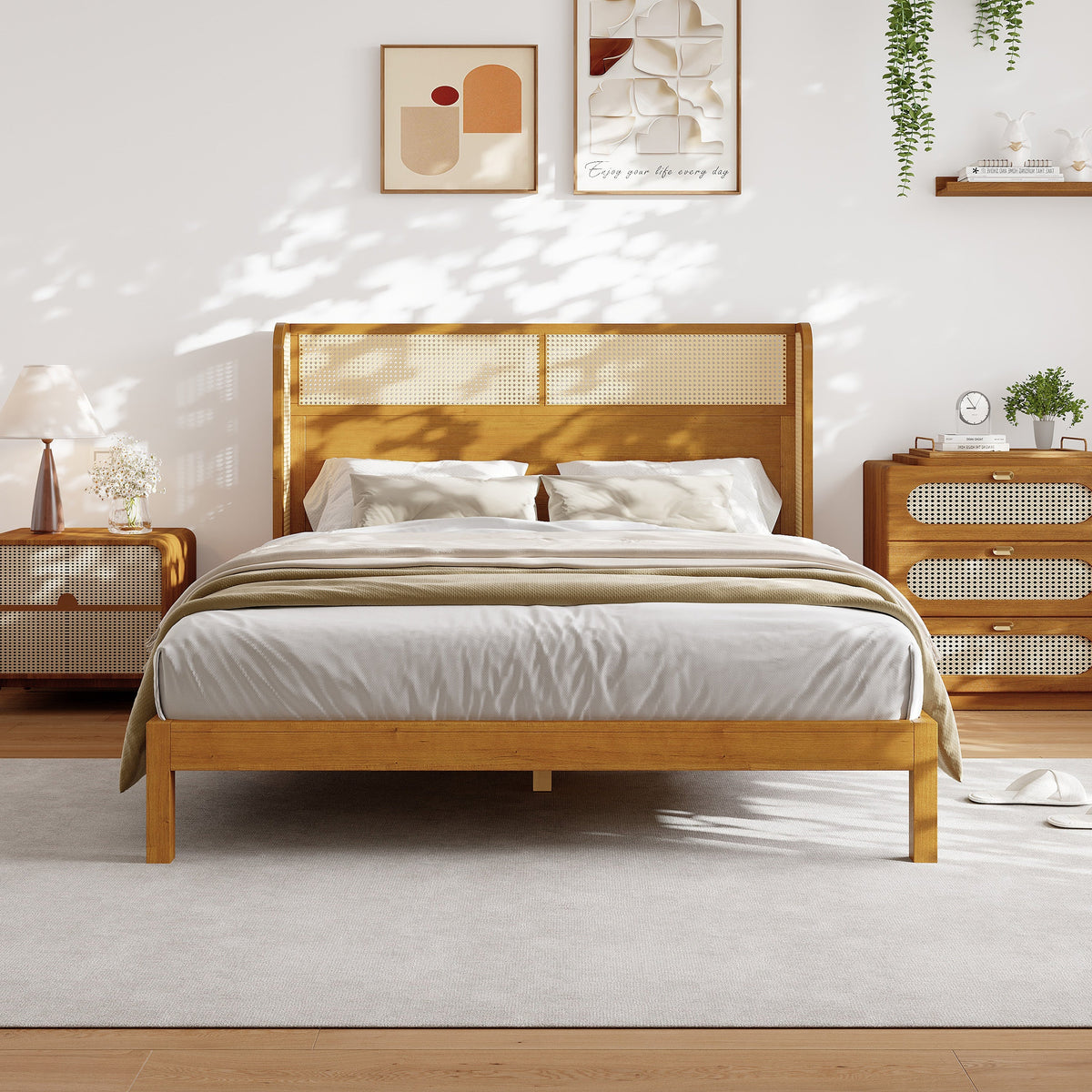 Premium Rubber Wood Platform Queen Bed Frame with Headboard - Natural