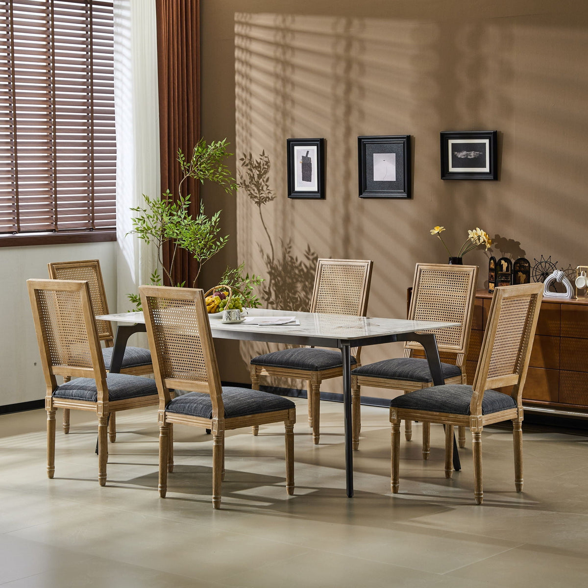French Country Dining Chair with Rectangular Cane Backrest and Upholstered Seat