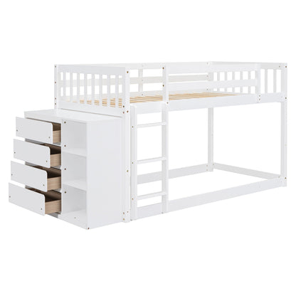 Bunk Bed With 4 Drawers and 3 Shelves - Solid Pine Wood
