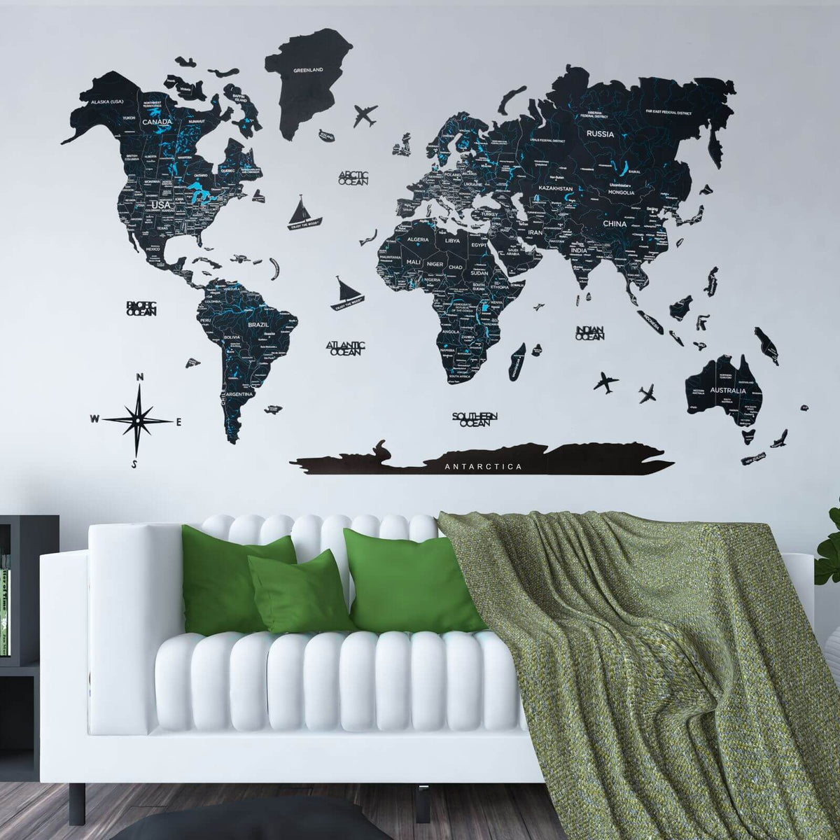 2D Wooden World Map Midnight