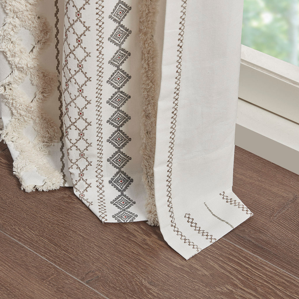 Cotton Printed Curtain Panel with Chenille Stripe - Ivory