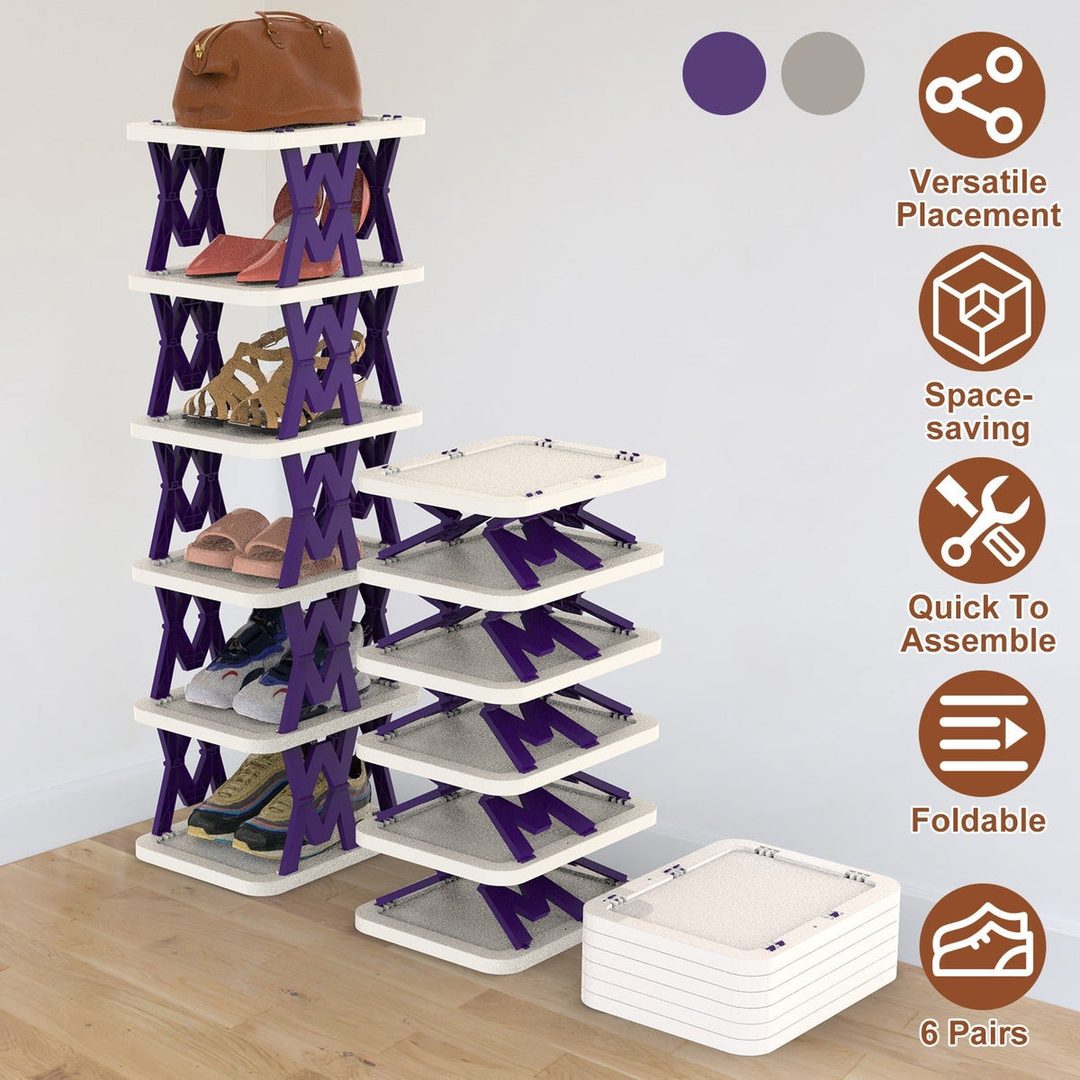 6 Tier Foldable Shoe Rack Vertical Shoe Organizer Narrow Shoe Rack for Small Spaces Space Saving Free Standing for Corner Entryway Hallway Bedroom