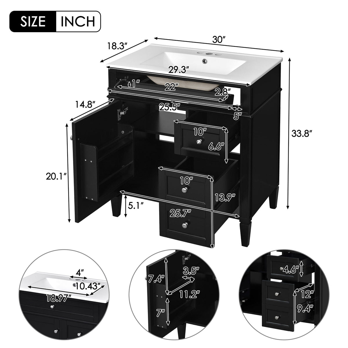 Bathroom Vanity with Ceramic Top Sink and Storage Drawers - Multiple Colors