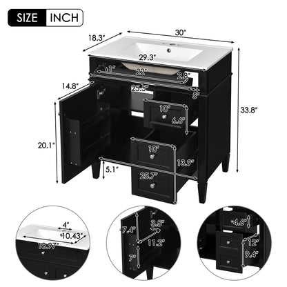 Bathroom Vanity with Ceramic Top Sink and Storage Drawers - Multiple Colors