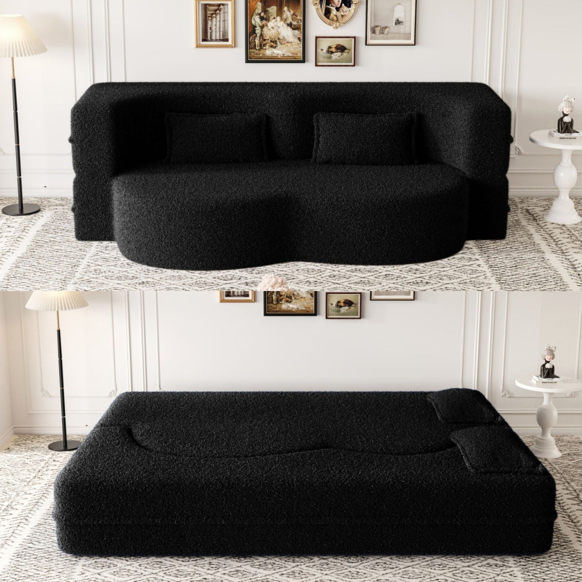 Modern Floor Futon Sofa Bed with Teddy Fabric and Two Pillows - Multiple Colors
