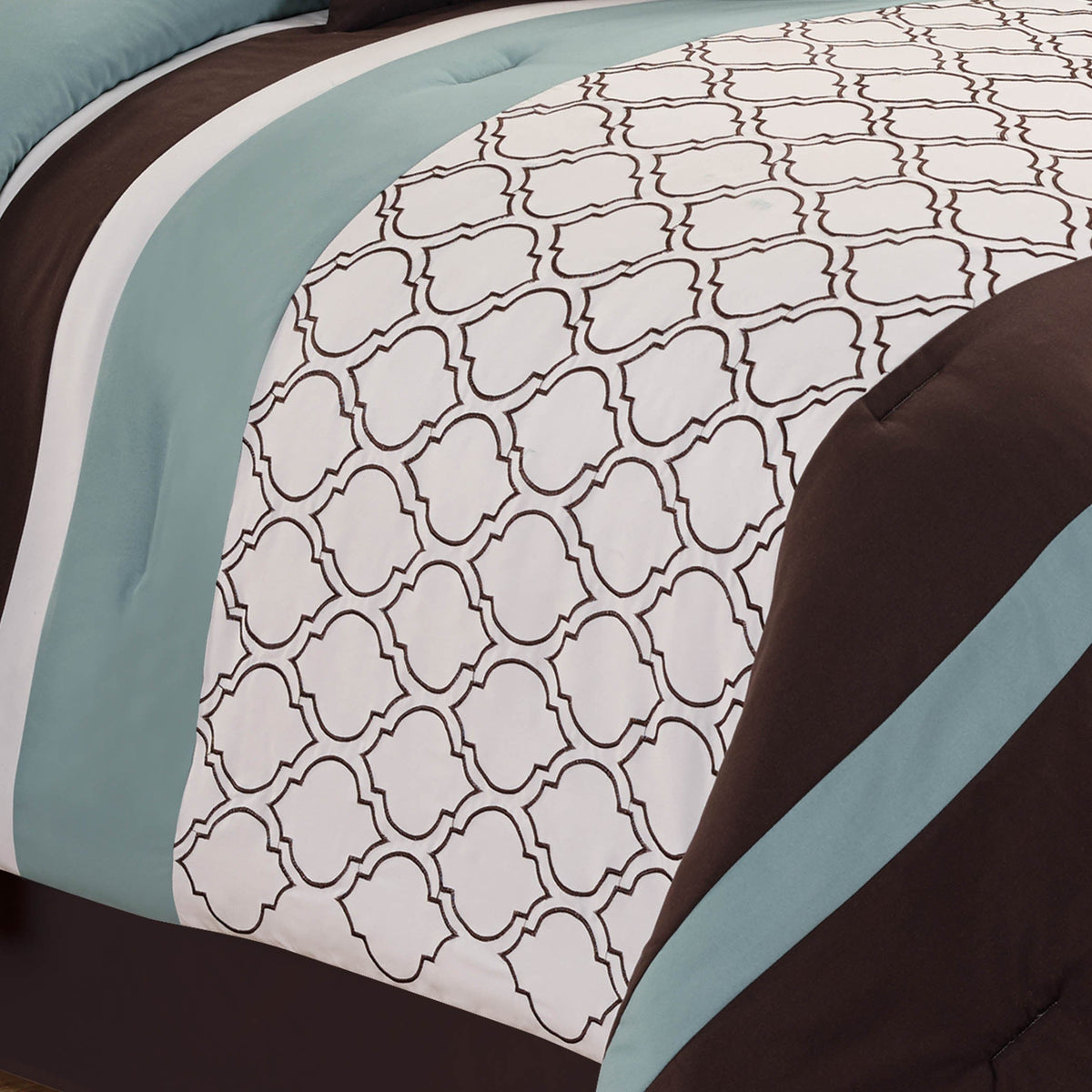 Teal & Brown Geometric Embroidered Comforter Set with 8 Pieces