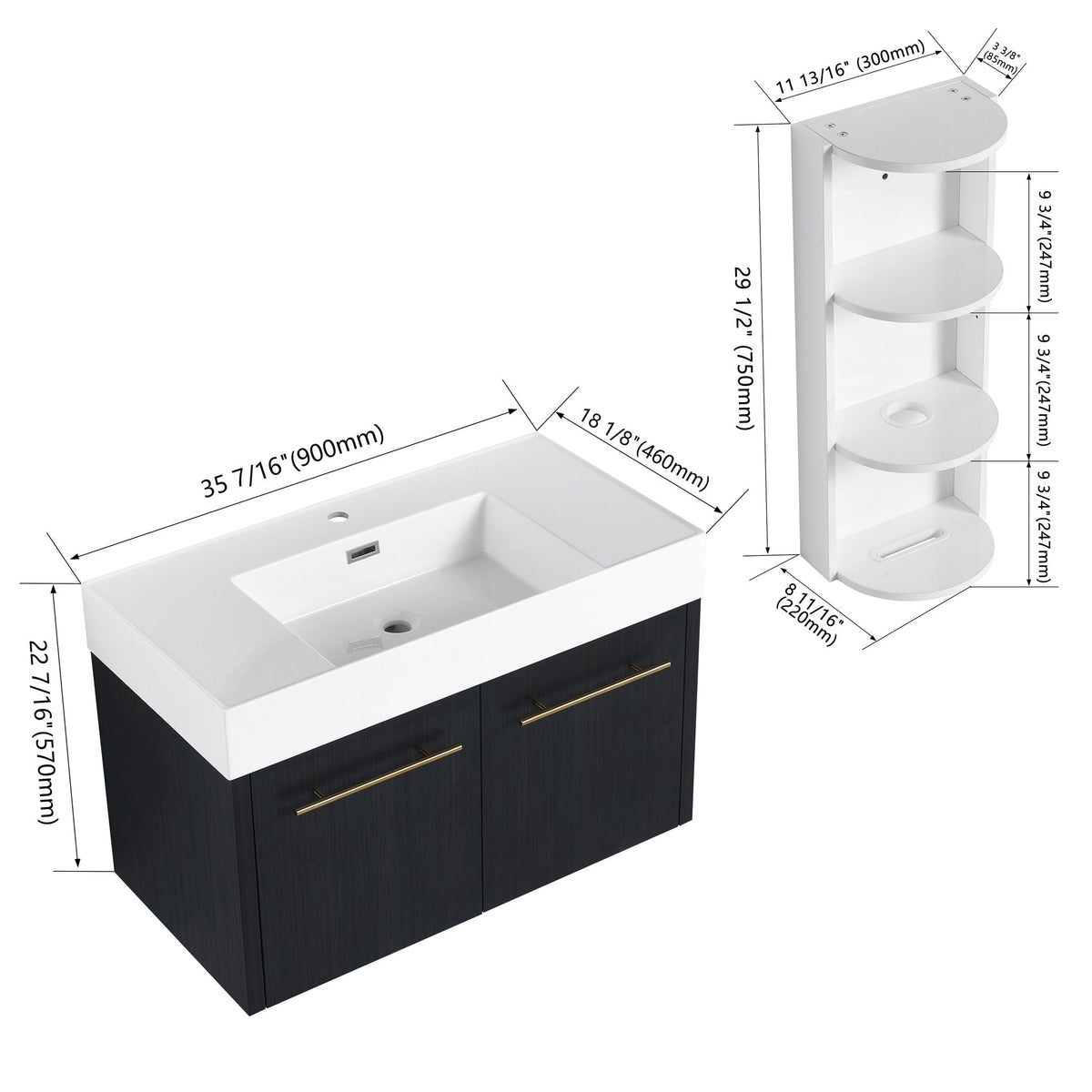 Modern Wall Mounted Bathroom Vanity with Resin Sink - Black