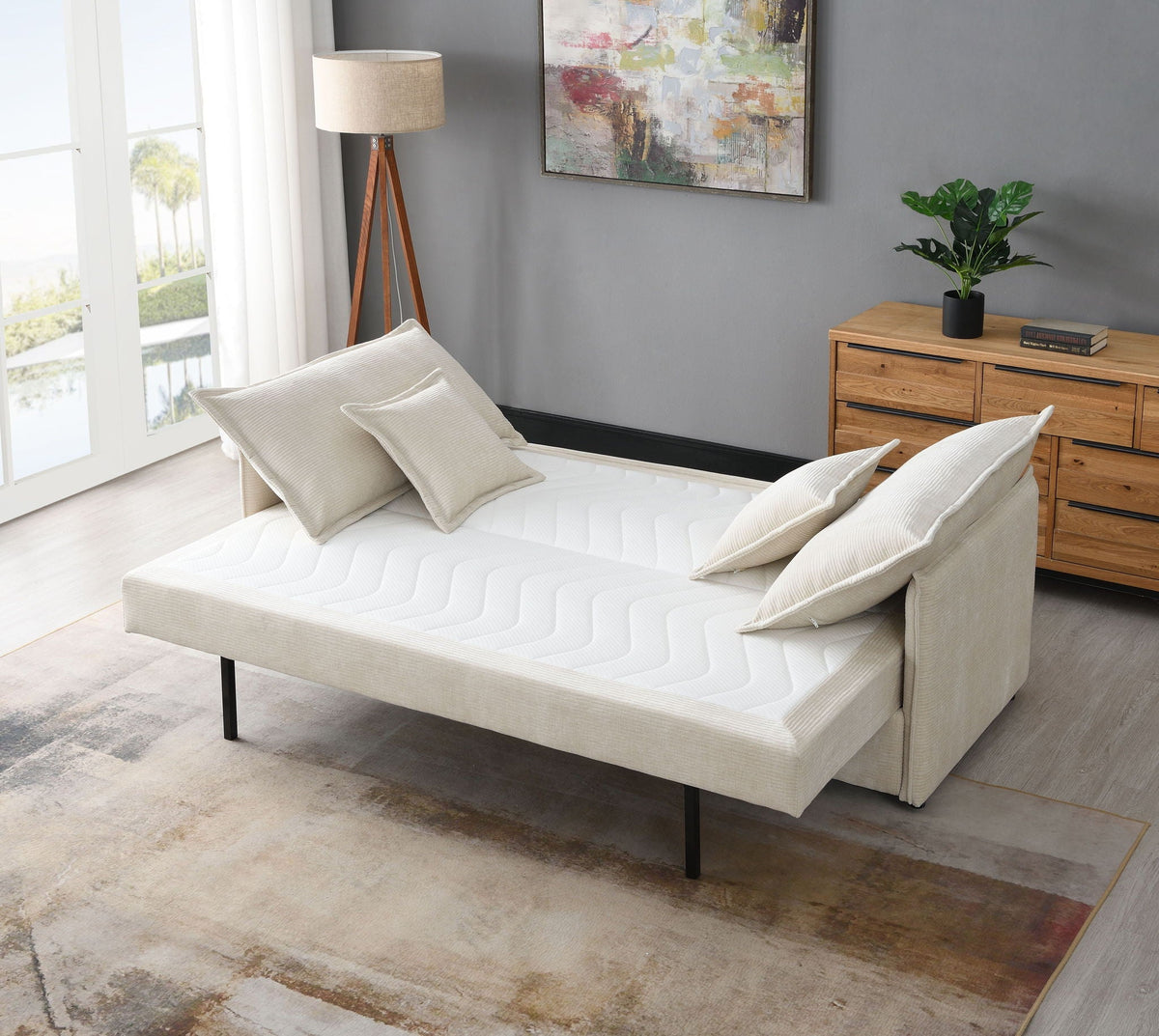 Beige Fabric Sleeper Sectional Sofa with Storage and 2 Toss Pillows - Elisea Collection