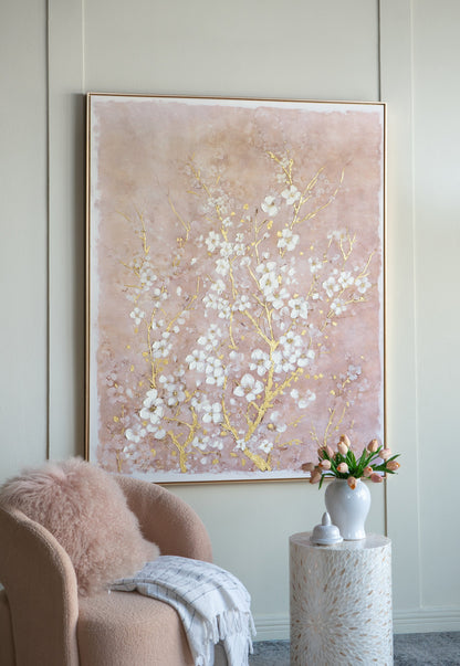 Hand-Painted Cherry Blossom Canvas Wall Art with Subtle Gold Accents - Multicolor