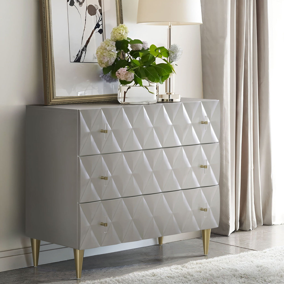 Anson Console Cabinet with 3D Diamond Drawers - Silver / Champagne