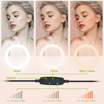 10" LED Ring Light – Dimmable, Tripod Stand, Phone Holder, USB Powered