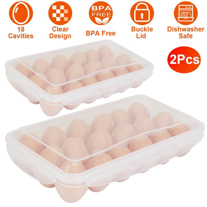 2Pcs Plastic Egg Holder Stackable Egg Storage Box Egg Rack for Refrigerator 18 Cavity Per Container Dishwasher Safe