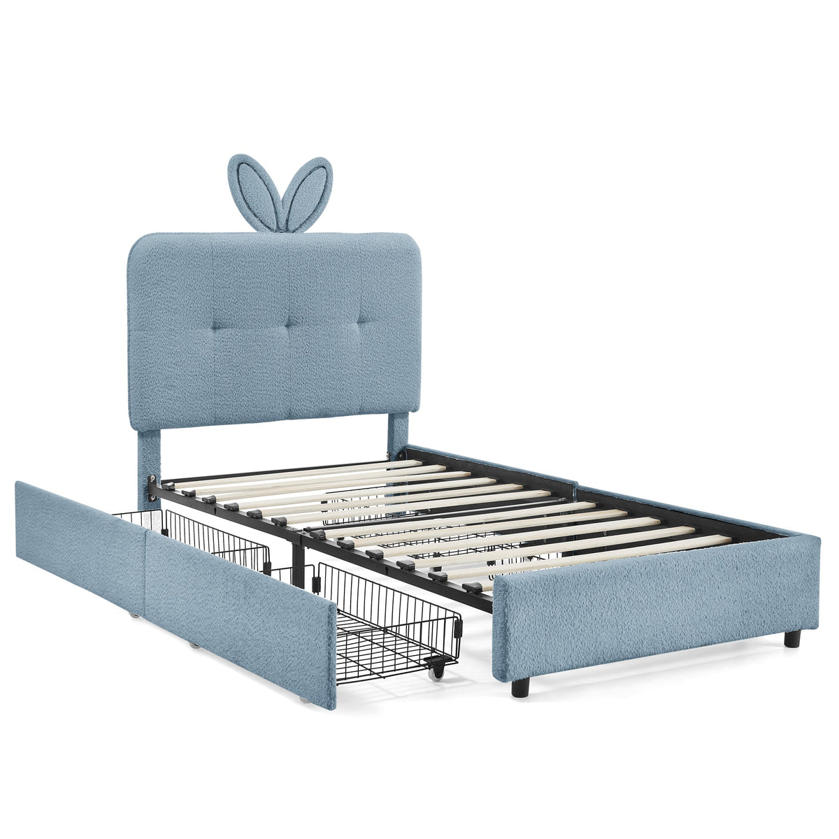 Twin Size Kids Upholstered Bed with Rabbit Ear Headboard & Storage - White Boucle
