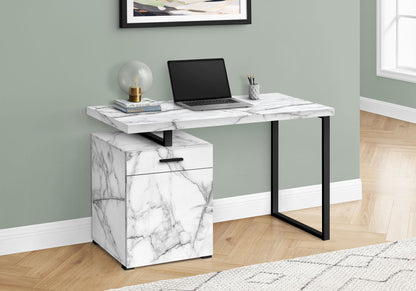 White Computer Desk with Marble Look Laminate and Storage Drawers