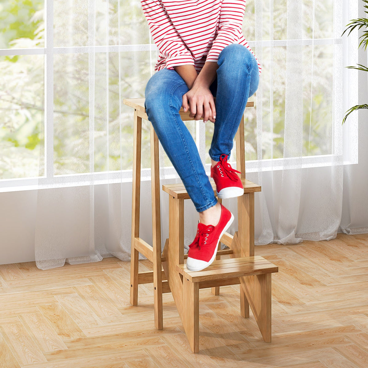 3-in-1 Rubber Wood 3 Tier Folding Step Stool Ladder Storage Shelf-Natural