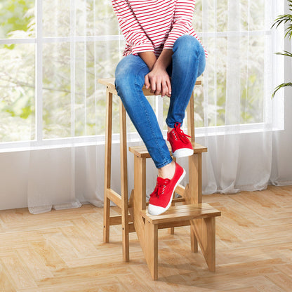 3-in-1 Rubber Wood 3 Tier Folding Step Stool Ladder Storage Shelf-Natural
