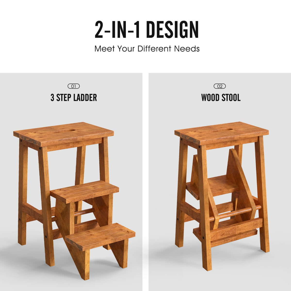 3-in-1 Rubber Wood Step Stool with Convenient Handle-Dark Brown