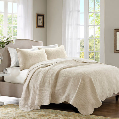 Cream Reversible Quilt Set with Scalloped Edge - 3 Pc Antimicrobial