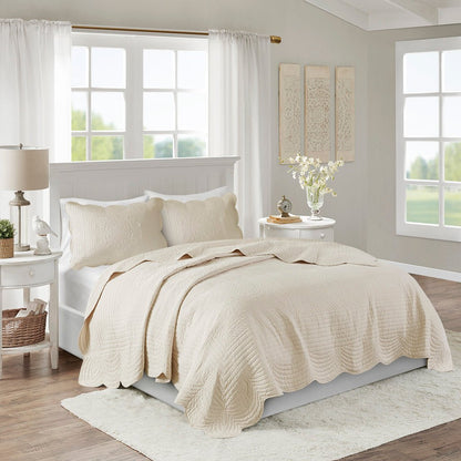 Cream Reversible Quilt Set with Scalloped Edge - 3 Pc Antimicrobial