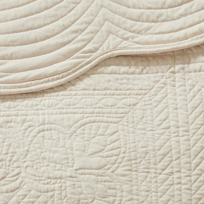 Cream Reversible Quilt Set with Scalloped Edge - 3 Pc Antimicrobial