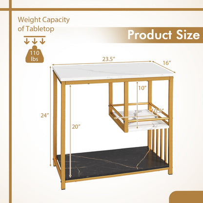 3-Tier Multi-function Marble End Table with Storage Shelf-Golden
