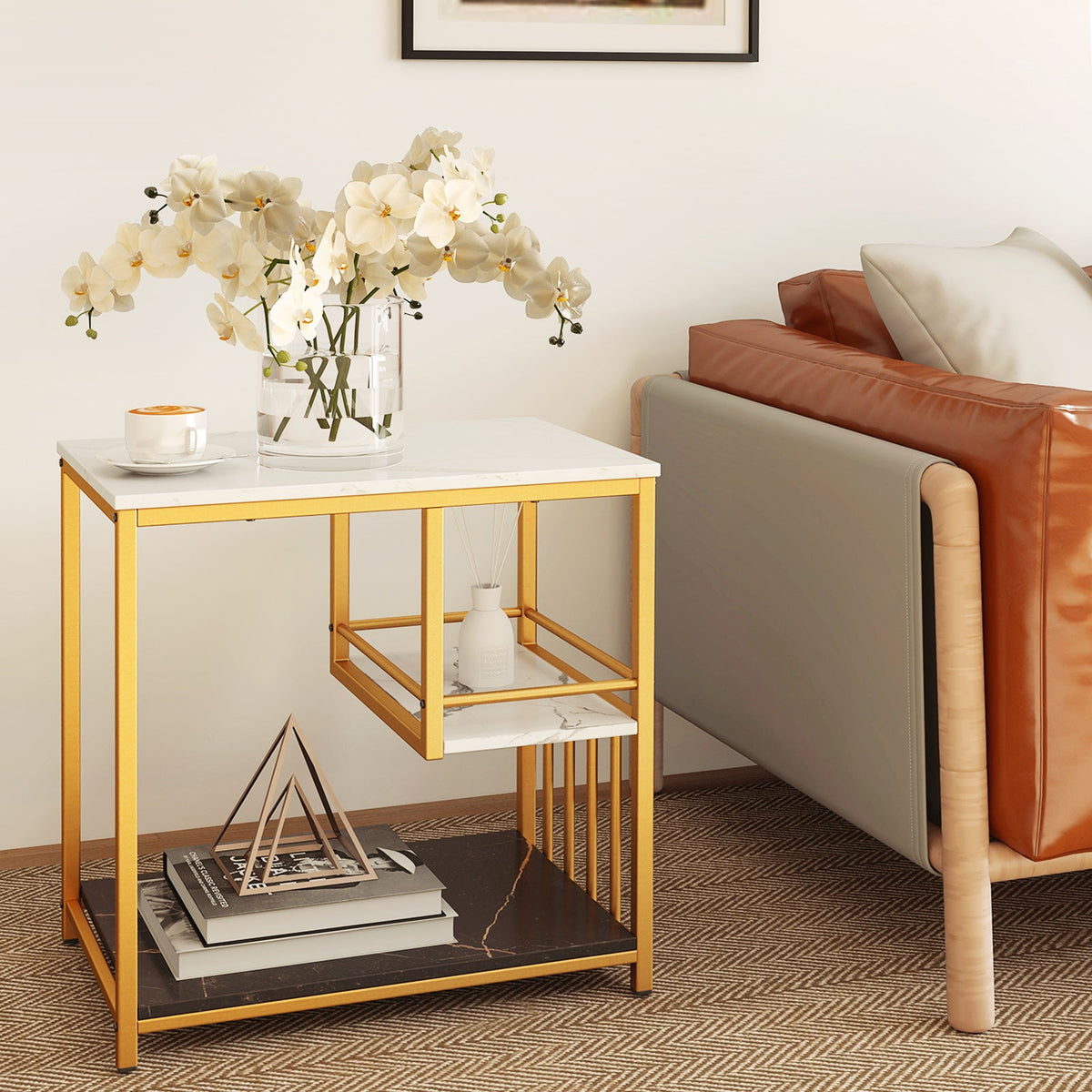 3-Tier Multi-function Marble End Table with Storage Shelf-Golden