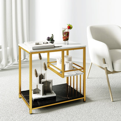 3-Tier Multi-function Marble End Table with Storage Shelf-Golden