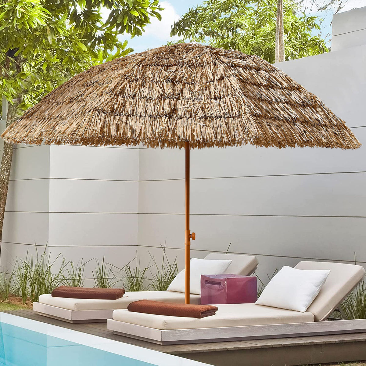 8' Thatched Patio Tiki Umbrella with Tilt - Brown