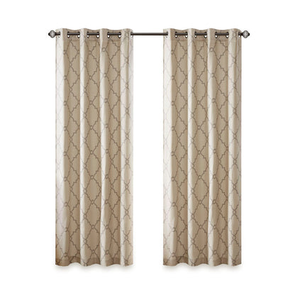 Fretwork Print Grommet Top Window Curtain Panel with Sunlight Filtering - Beige/Grey