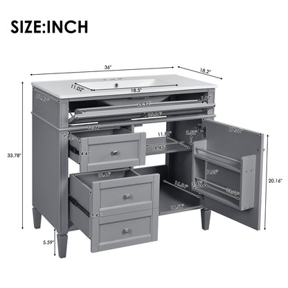 36" Bathroom Vanity with Ceramic Sink and Storage Drawers - Multiple Colors