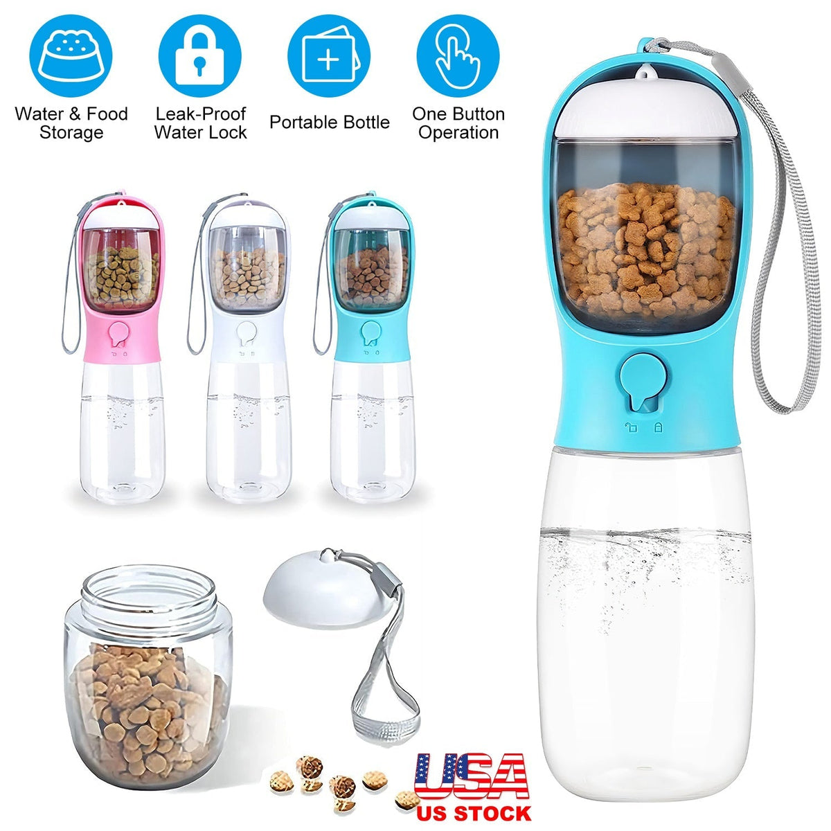 18.6OZ Portable Dog Water Bottle Pet Water Dispenser with Detachable Food Container Leak-Proof Lock Design for Dog Walking Traveling Hiking Outdoor Ac
