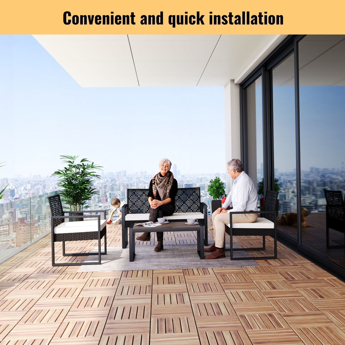 Striped Interlocking Deck Tiles with Waterproof Design - Brown, Gray, Light Brown