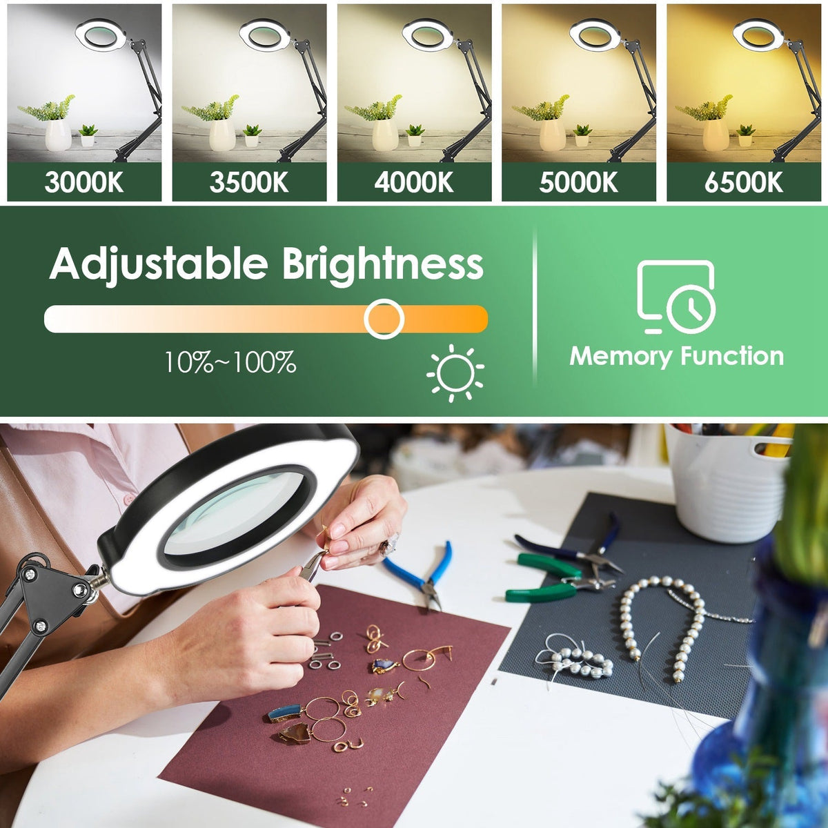 10X Magnifying Lamp – Adjustable Light, Clamp Stand, 5 Color Modes