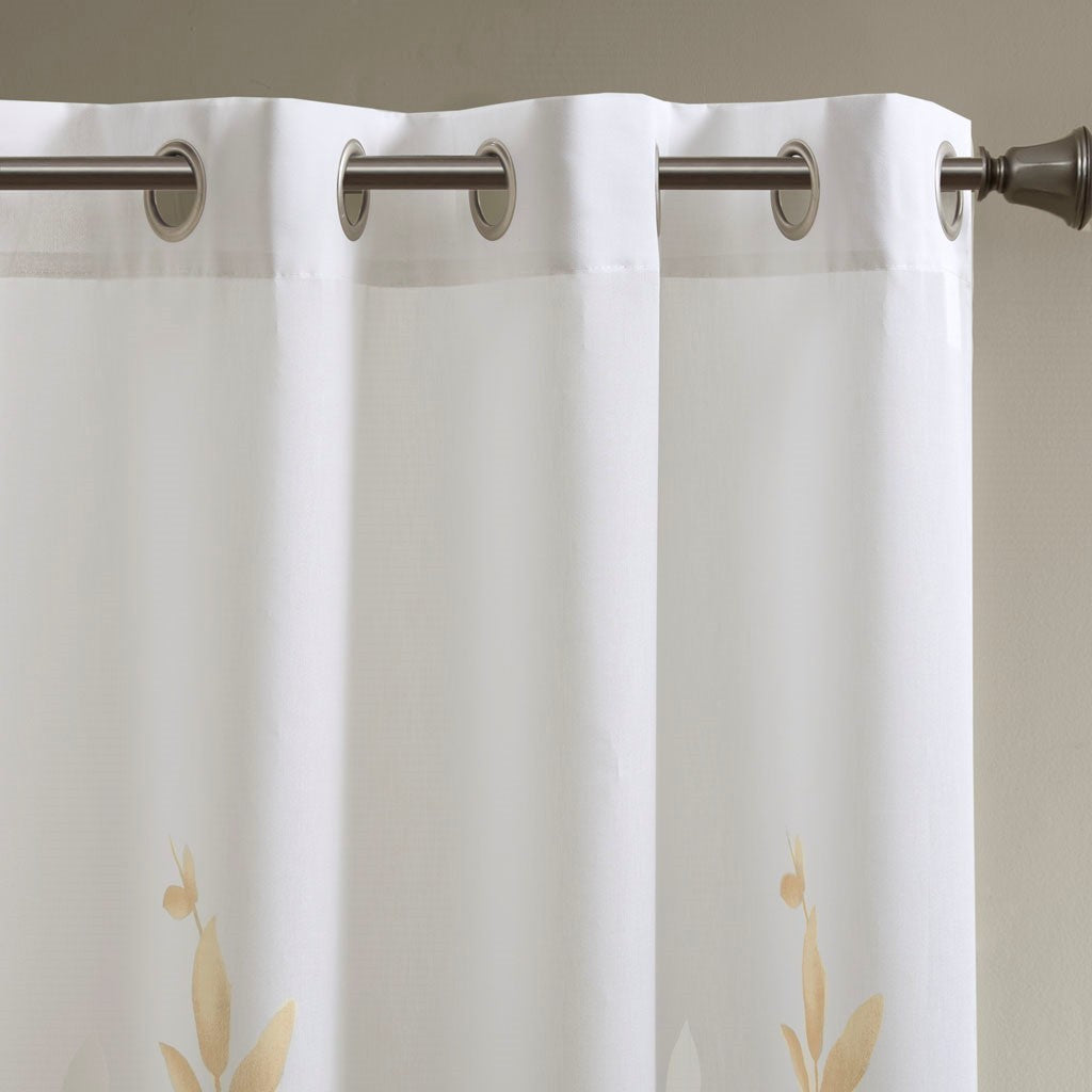 Burnout Printed Curtain Panel with Botanical Burnout Print - Ivory Gold