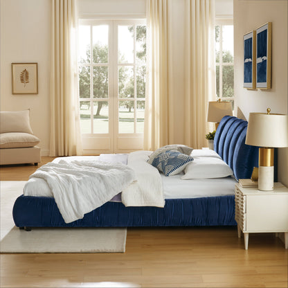 King Size Upholstered Bed Frame with Segmented Sponge Headboard - Dark Blue or Beige