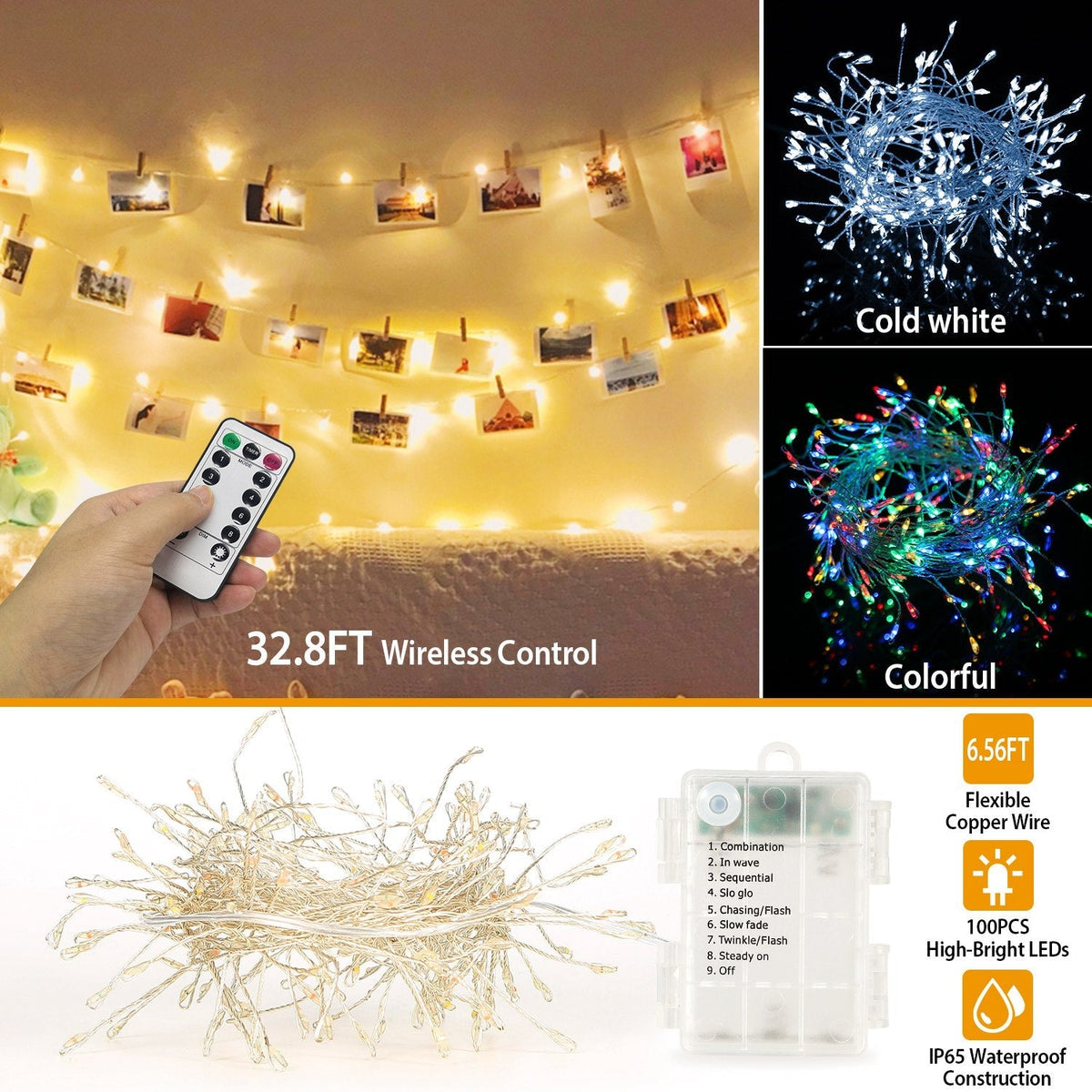 2M 100 LED Fairy String Lights Copper Wire w/Remote Control Party Xmas Decore Lights