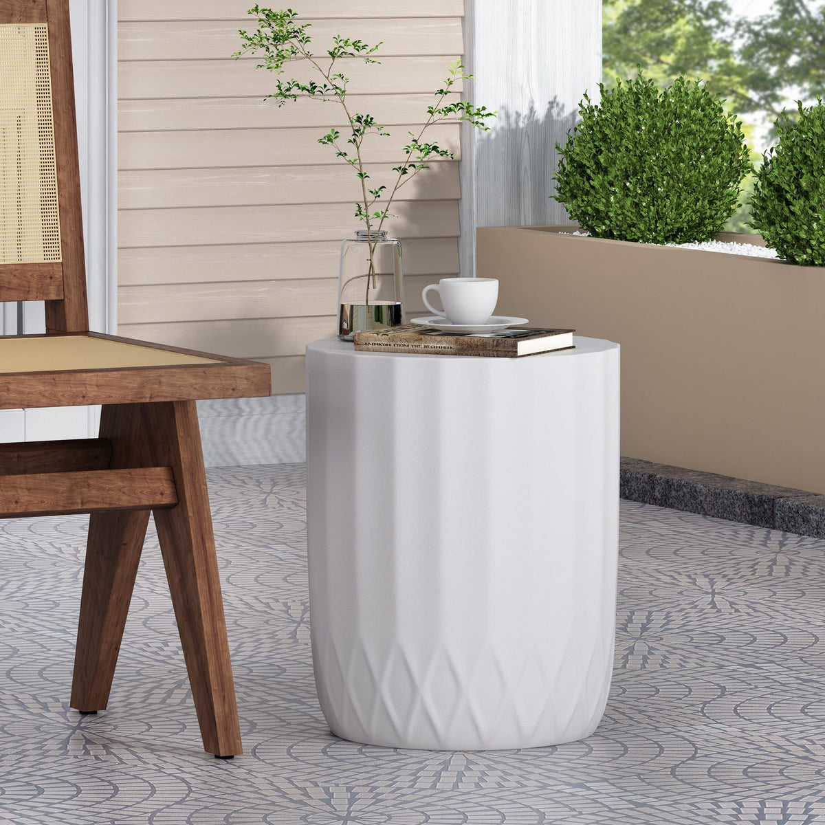 Outdoor End Table with Scallop Edge - Antique White