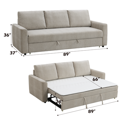 Leira Beige Linen Pull Out Sleeper Sofa with Plush Cushions - Beige
