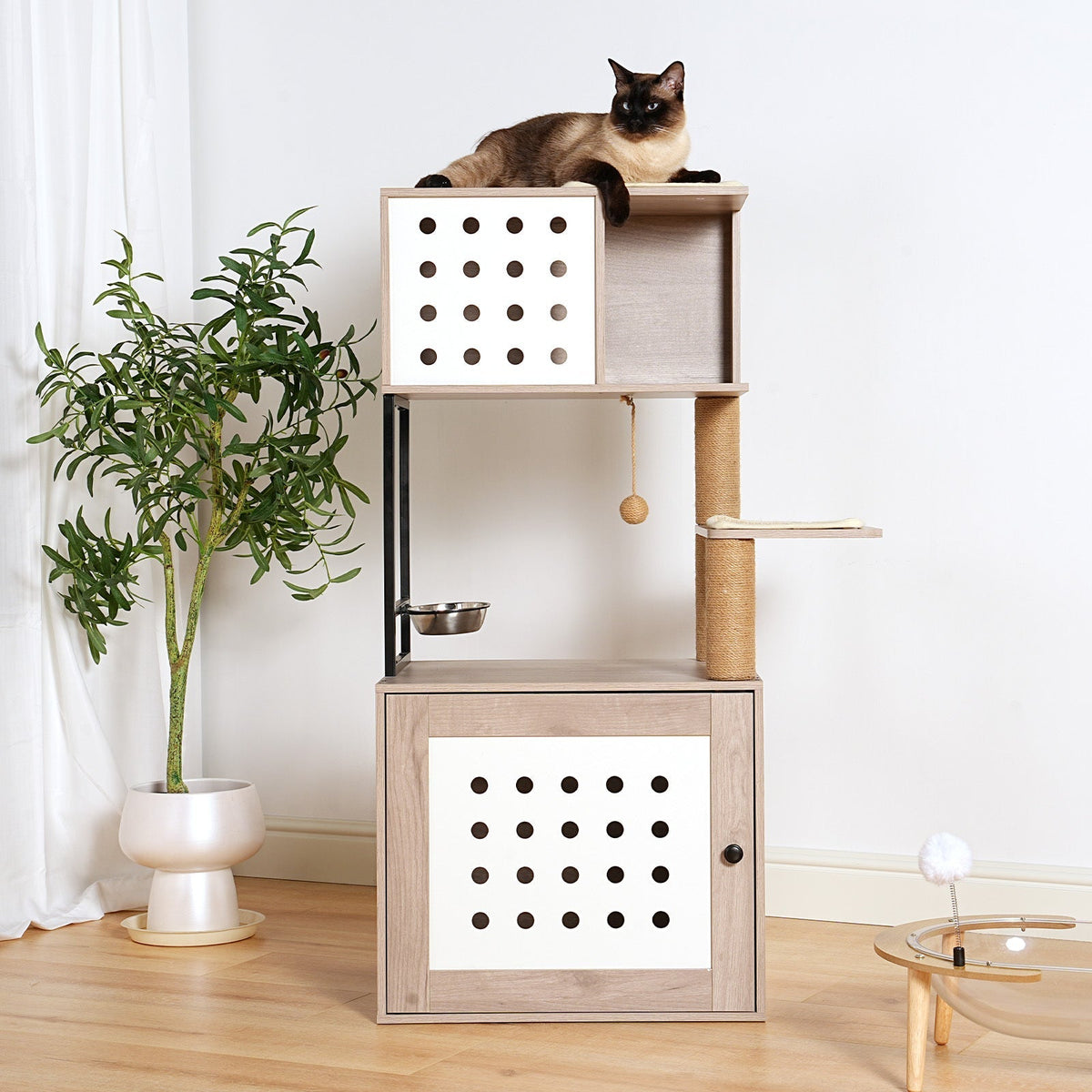 Cat Tree with Litter Box Enclosure and Large Hammock - Gray & White