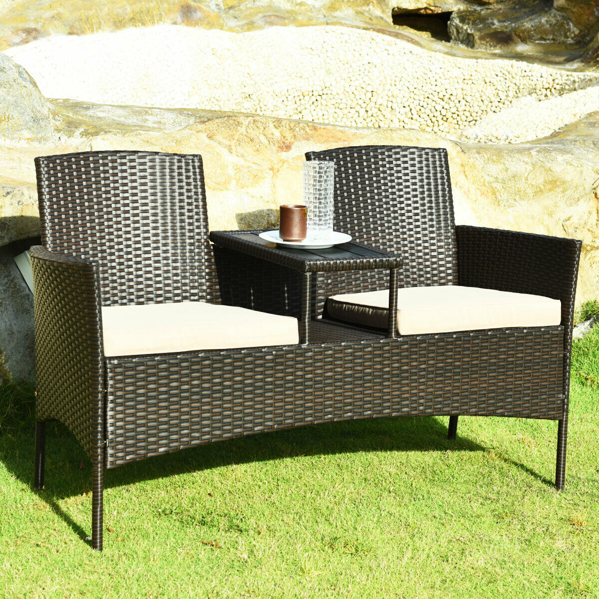 Modern Patio Conversation Set with Built-in Coffee Table and Cushions