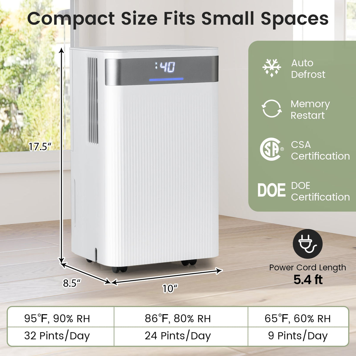 32 Pints 2000 Sq.ft Quiet Dehumidifier for Home with 3 Modes-White