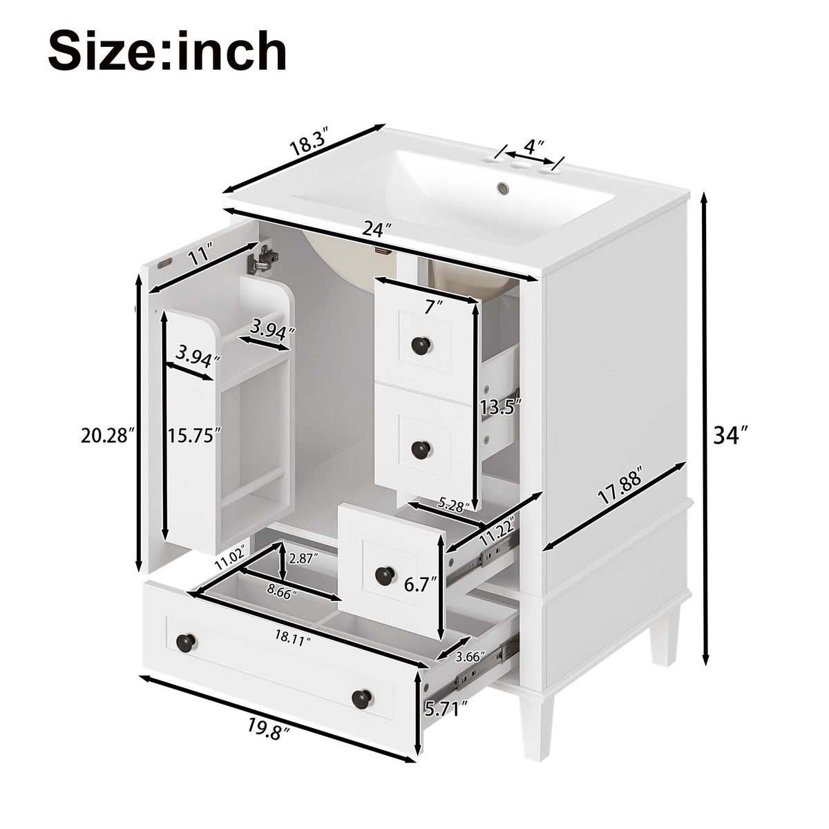 Bathroom Vanity with Integrated Basin and Soft Close Drawers - Multiple Colors