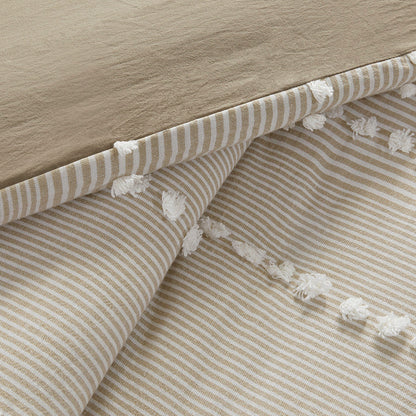 King 3 Piece Cotton Yarn Dyed Duvet Cover Set with Tufted Chenille - Taupe Stripes