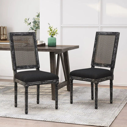 French Country Dining Chair with Rectangular Cane Backrest and Upholstered Seat