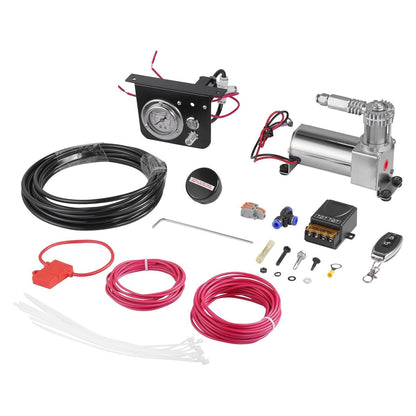 Air Shock Controller Kit, 12V 100PSI On Board Air Compressor System, Air Ride Suspension Compressor Kit with Single Path System, Pressure Gauge & Air Line for Trucks Vans