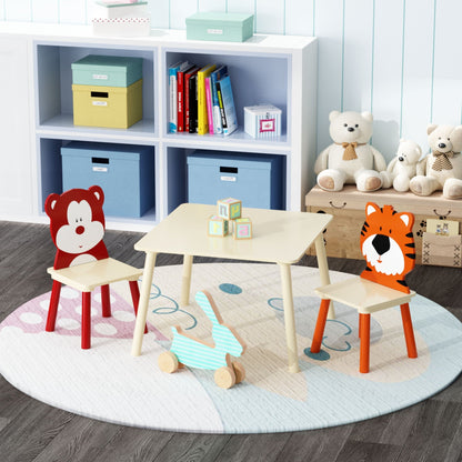 Wood Activity Table and 2 Chairs Set with Bear & Tiger Design - Natural