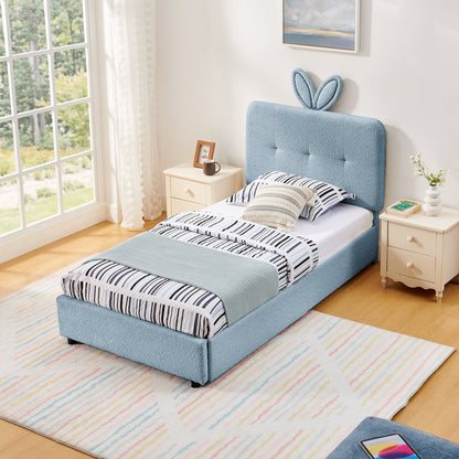 Twin Size Kids Upholstered Bed with Rabbit Ear Headboard & Storage - White Boucle